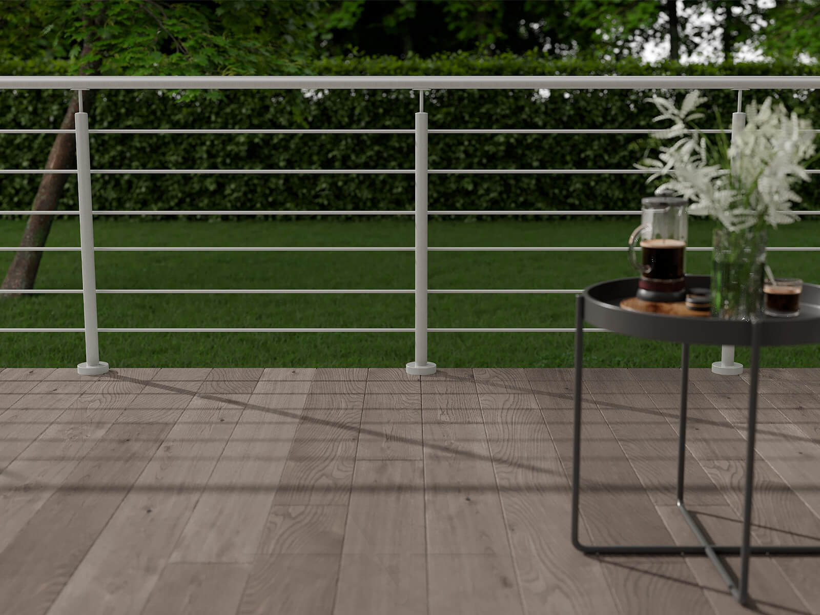 Terrassen-Innenansicht auf Relinggeländer aus Edelstahl mit in rundem Design und aufgesetzter Montage