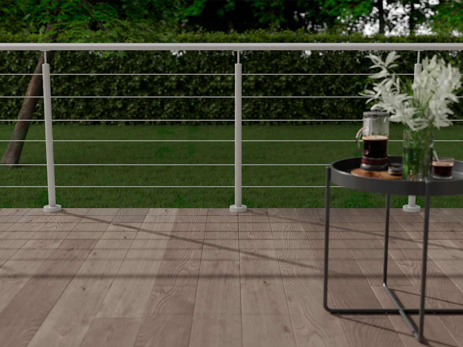 Terrassen-Innenansicht auf Seilgeländer aus Edelstahl mit in rundem Design und aufgesetzter Montage