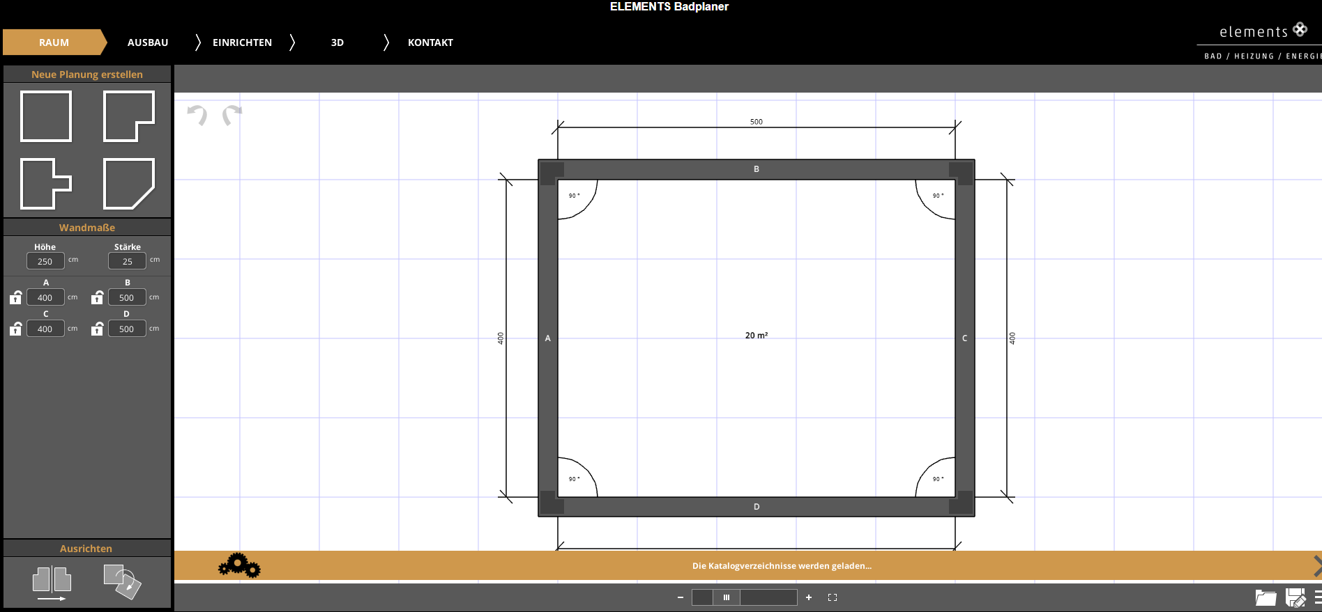Palette 3D Ansicht Badplaner bei Elements Raumauswahl