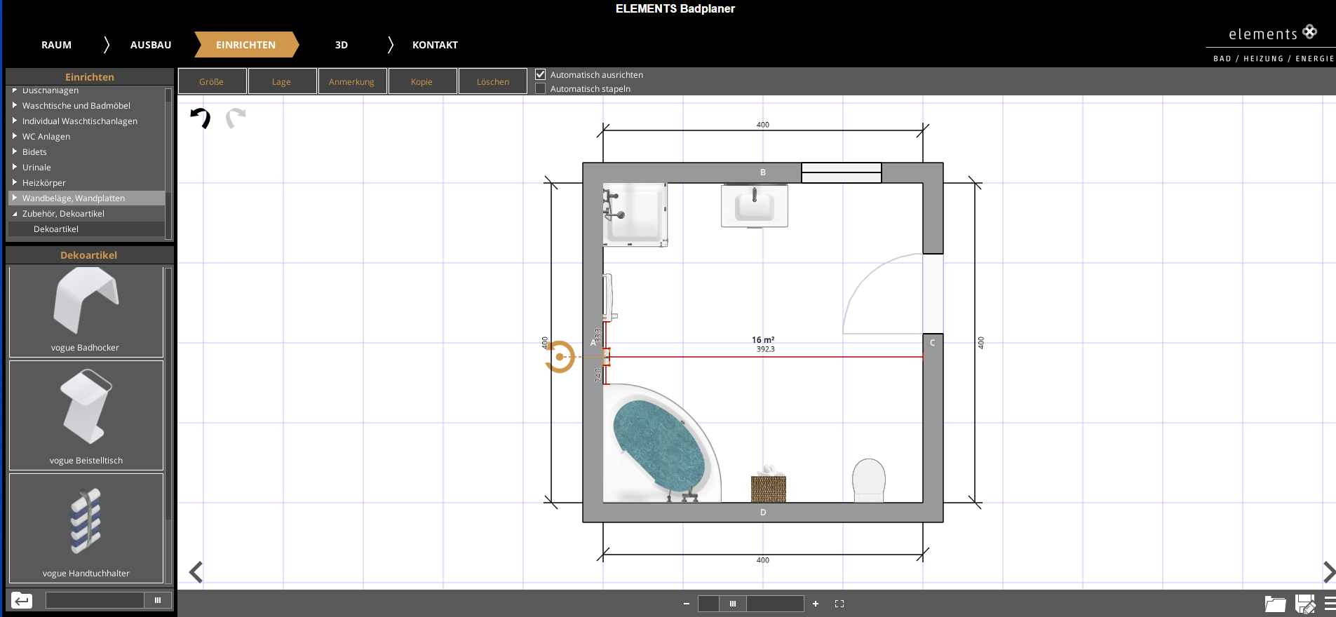 Palette CAD 3D Online Badplaner bei Elements Sanitärobjekte und Installationen