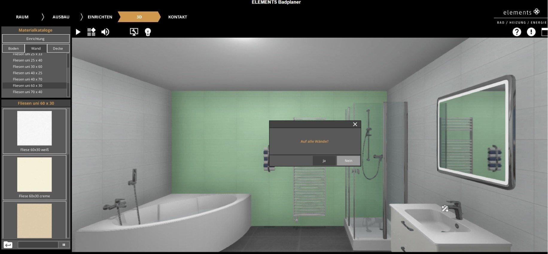 Palette CAD 3D Online Badplaner bei Elements Wandgestaltung mit Fliesen