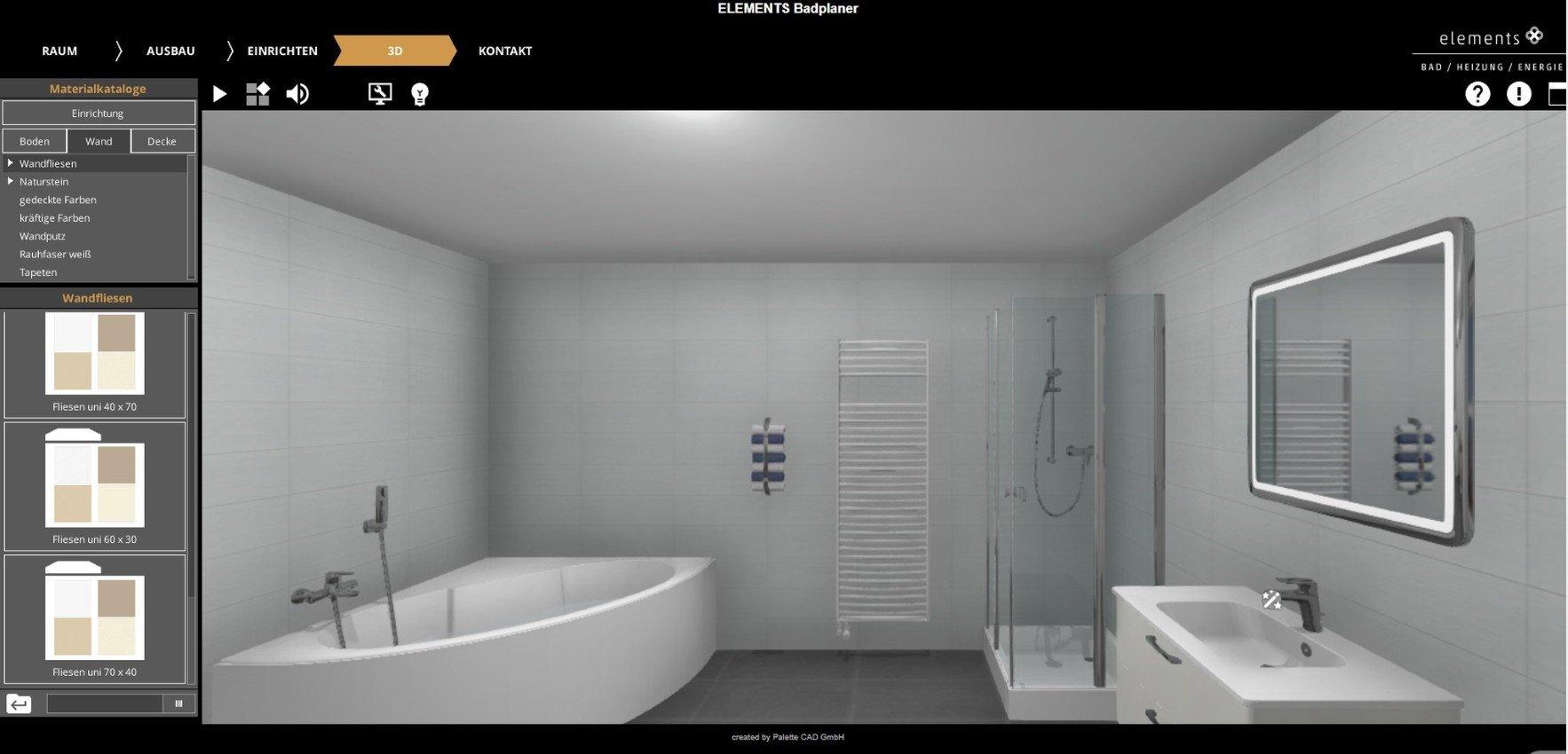 Palette CAD Online Badplaner bei Elements in der 3D Ansicht