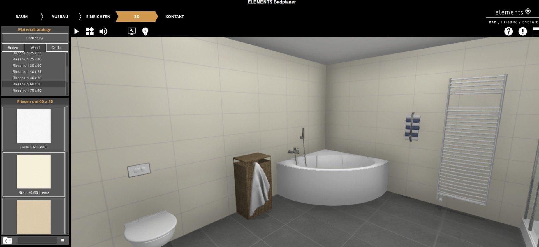 Palette CAD Online Badplaner bei Elements Raumansicht in 3D