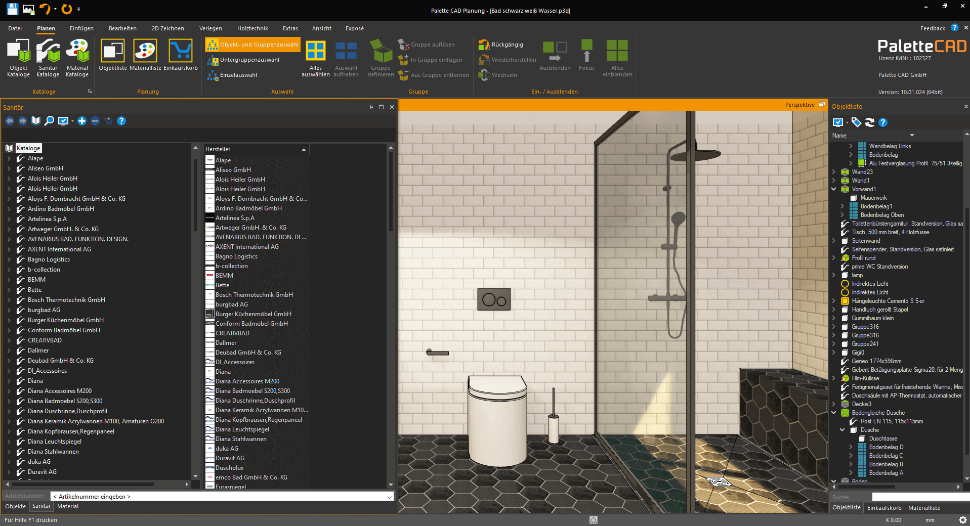 Palette CAD Profibadplaner 3D Ansicht Badezimmer mit Dusche