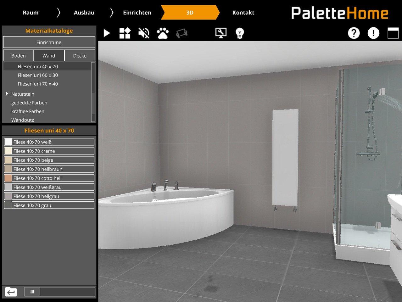 Palette Home 3D Badplaner App mit deckenhohem Fliesenspiegel
