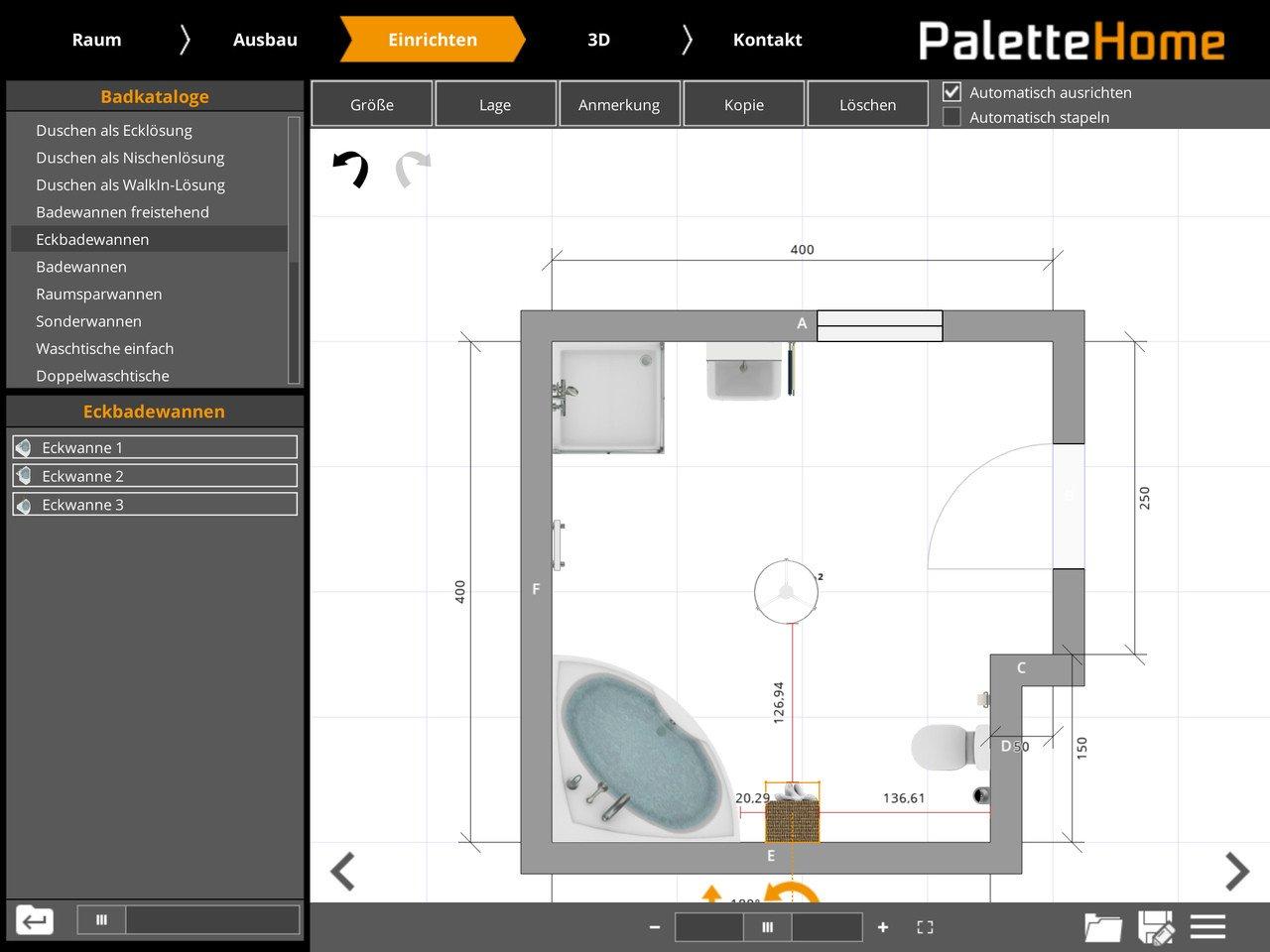 Palette Home Badplaner App Draufsicht in 2D mit Sanitärobjekten