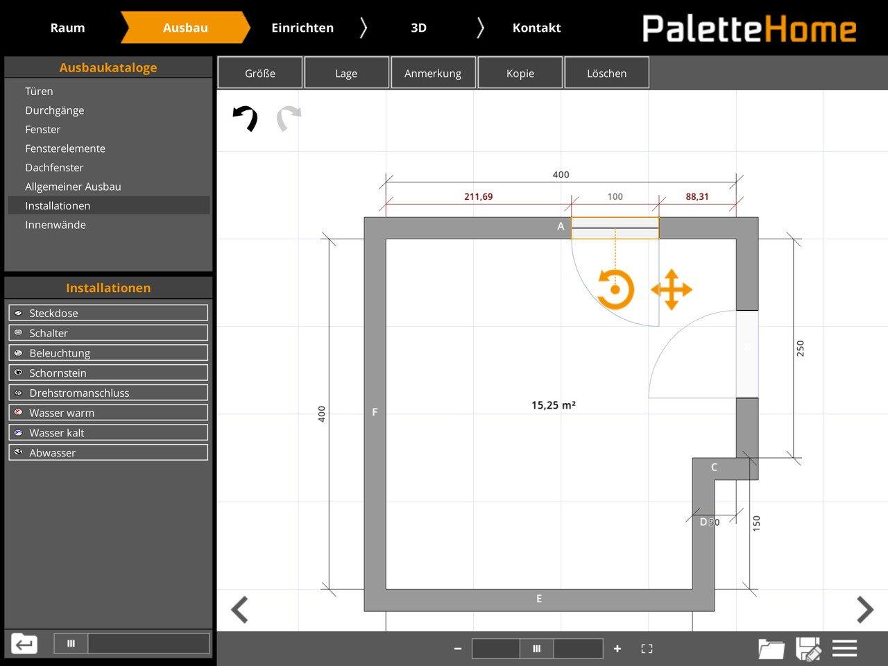 Palette Home Badplaner App Raumausstattung mit Türen, Fenstern und Installationen
