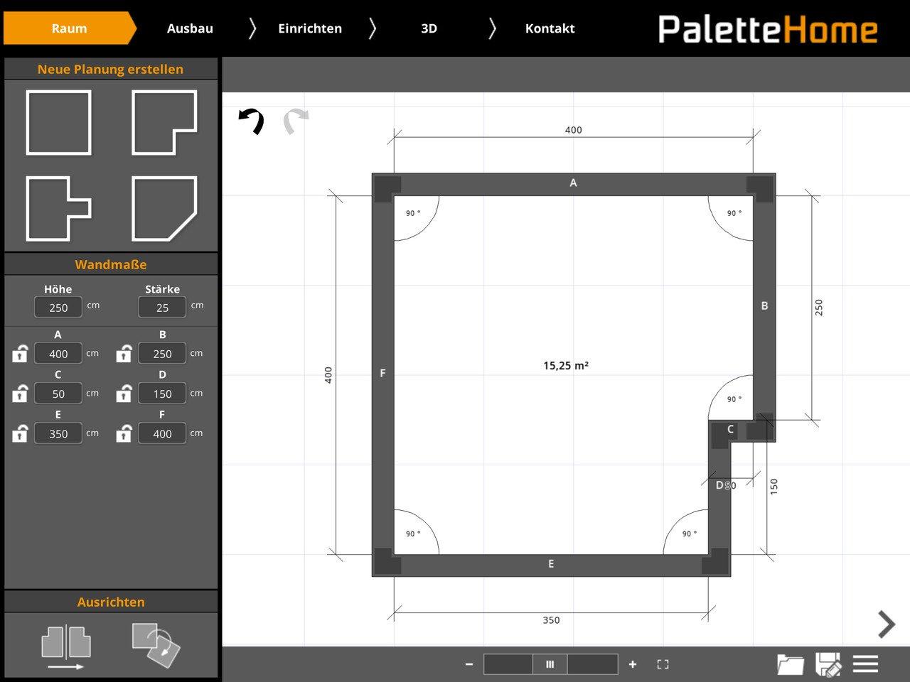 Palette Home Badplaner App Raumauswahl 2D Ansicht