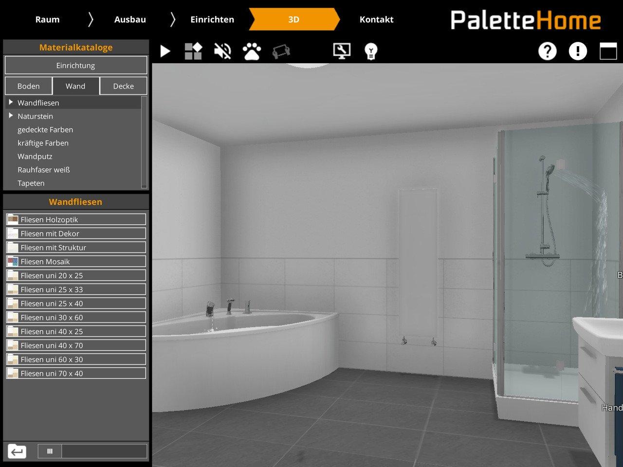 Palette Home Badplaner App Wandgestaltung in der 3D Ansicht
