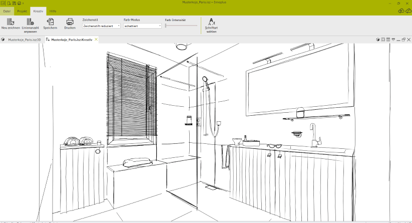 Verschiedene Präsentationsmöglichkeiten begeistern die Kunden: Fotorealistisches Bild, KreativZeichnung hier als Skizze, Rundumsicht, Video, VirtualReality,