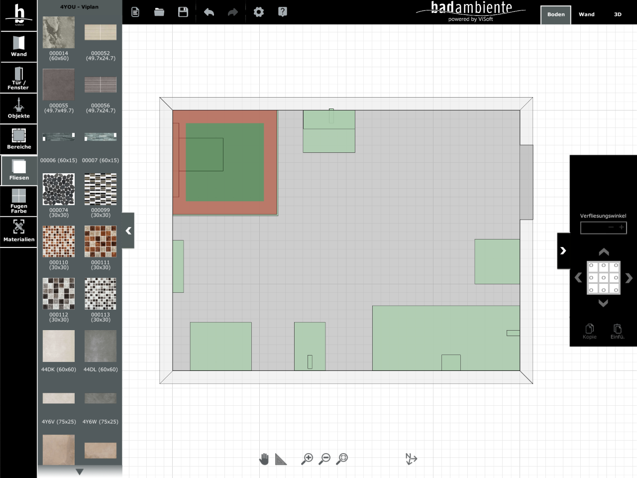 Viplan 3D Badplaner App bei Badambiente mit markierten Bodenbereichen