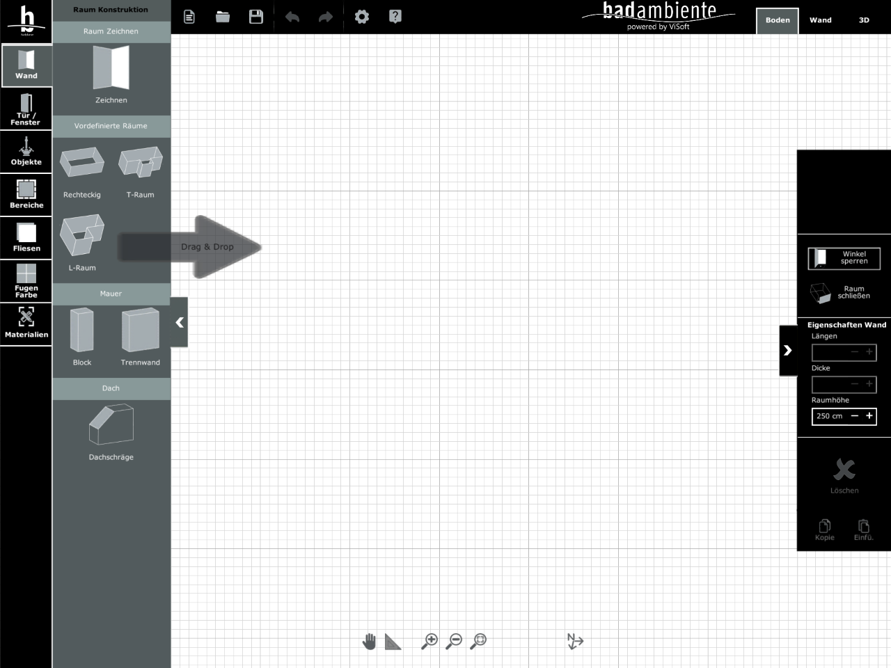 Viplan 3D Badplaner App bei Badambiente Raumauswahl per drag und drop