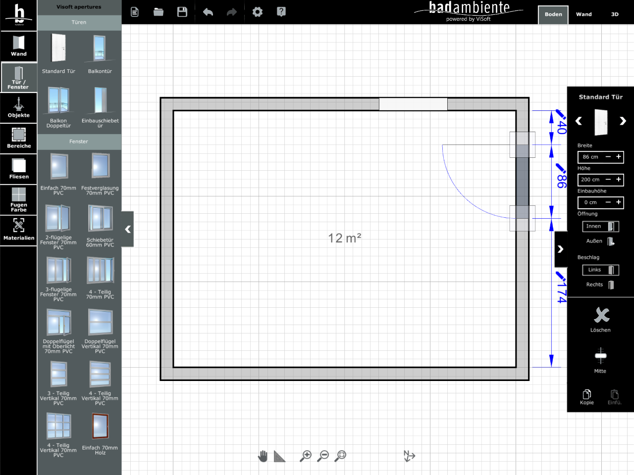 Viplan 3D Badplaner App bei Badambiente Raumplanung mit Bauelementen wie Tür und Fenster