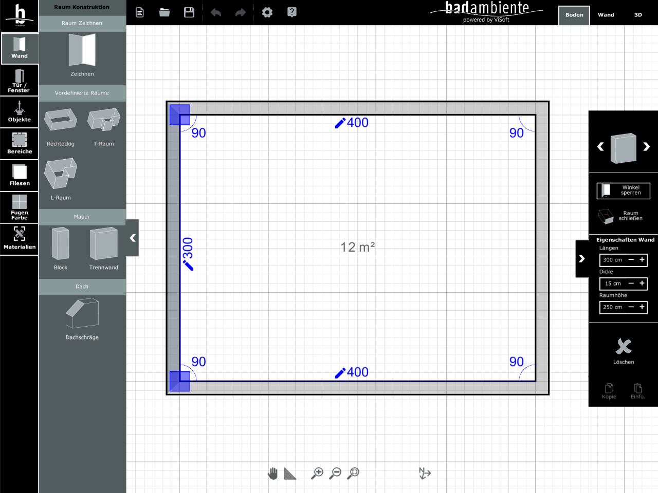Viplan 3D Badplaner App bei Badambiente Raumplanung mit Maßen anpassbar