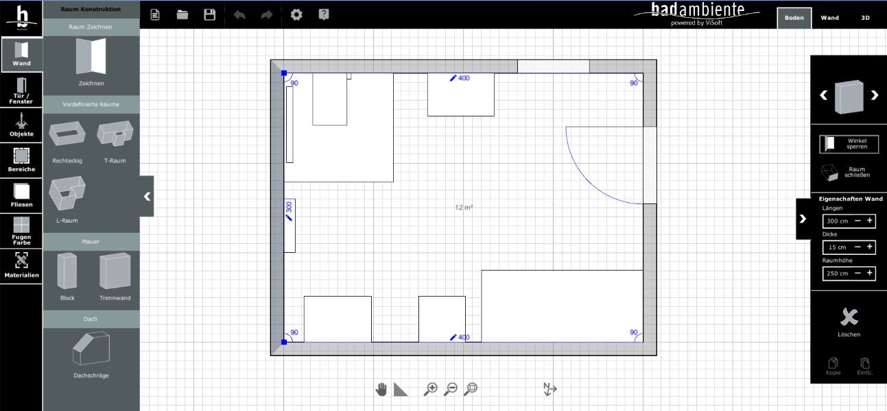 Viplan 3D Online Badplaner bei Badambiente Draufsicht 2D mit Sanitär Objekten