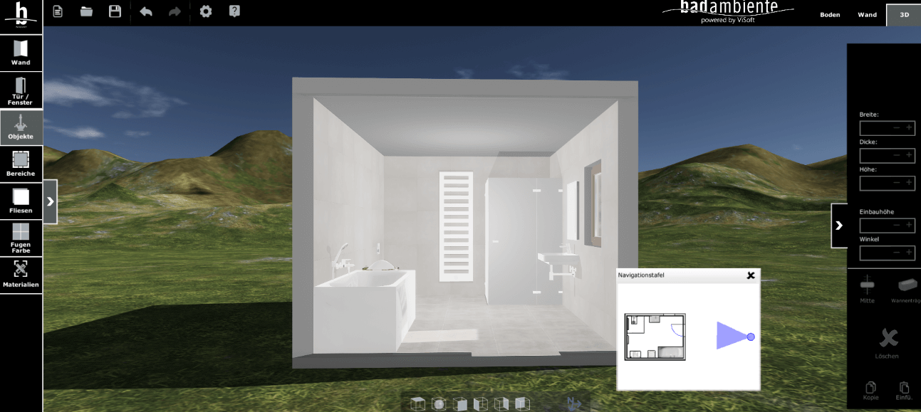 Viplan 3D Online Badplaner bei Badambiente Seitansicht der 3d Planung raus gezoomt
