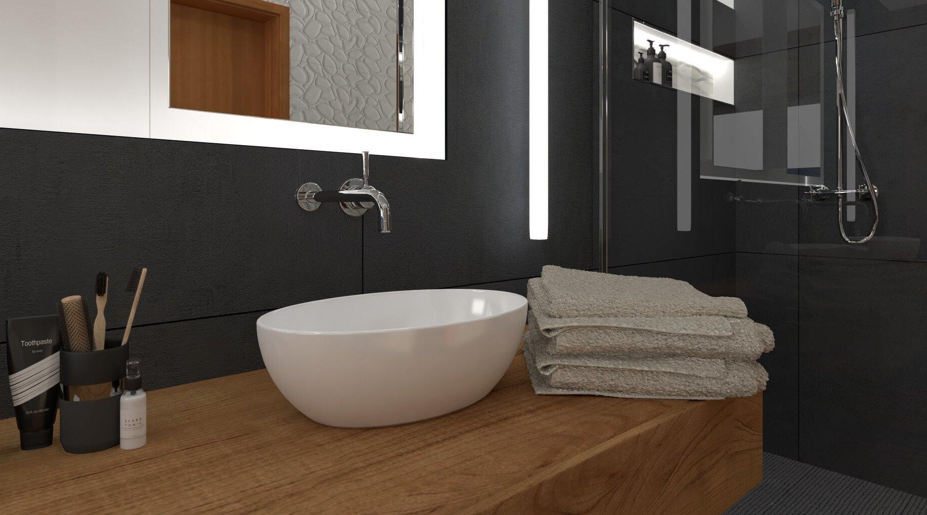 ViSoft Premium 3D Badplaner für Sanitärprofis Detail Aufsatzwaschbecken mit Holzkonsole