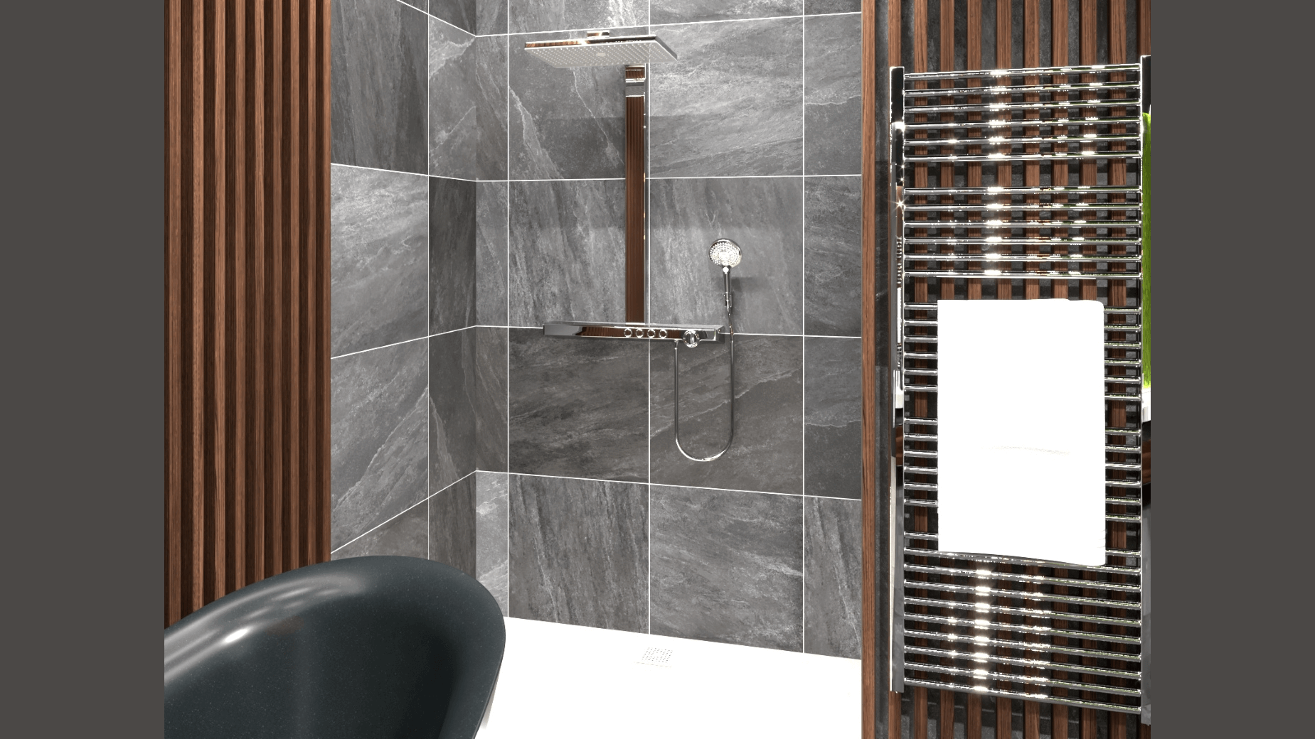 ViSoft Premium 3D Badplaner für Sanitärprofis realistische Dusche mit grauen Fliesen