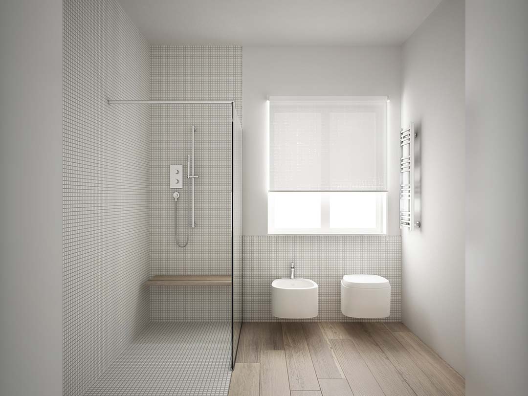 Raumsparende Walk-in-Dusche bestehend aus einer Göaswand und einer Stabistange als Eckeinbau in kleinem Bad