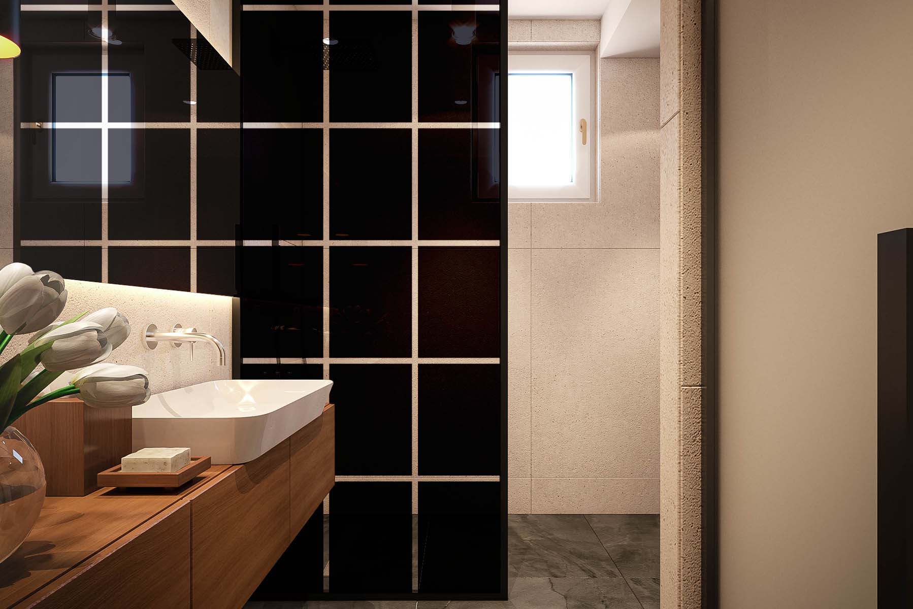 Schwarze Duschwand mit Gittermuster separiert Duschbereich von Waschbecken