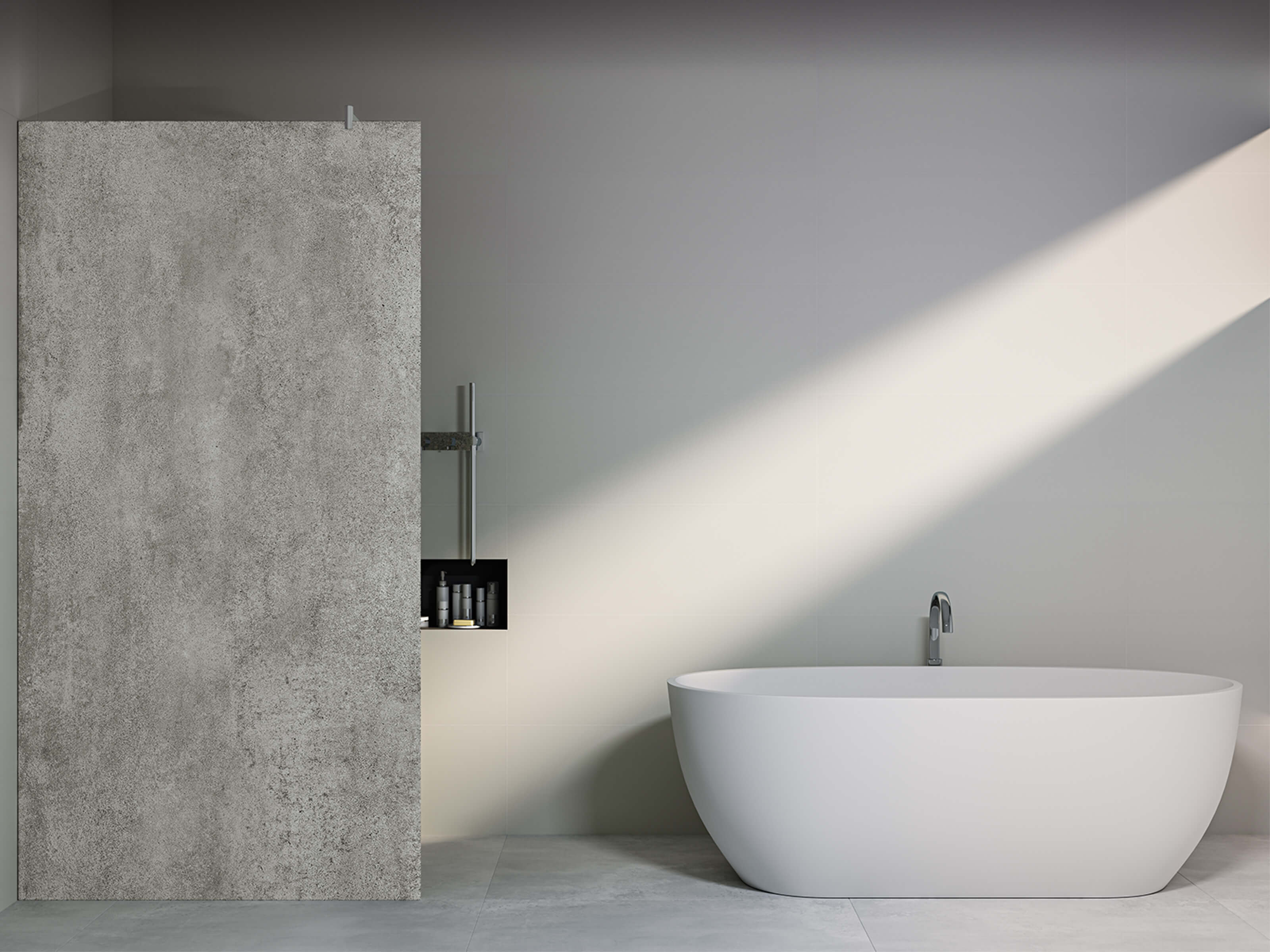 Modernes Badezimmer mit einer hellgrauen KERBON-Duschwand