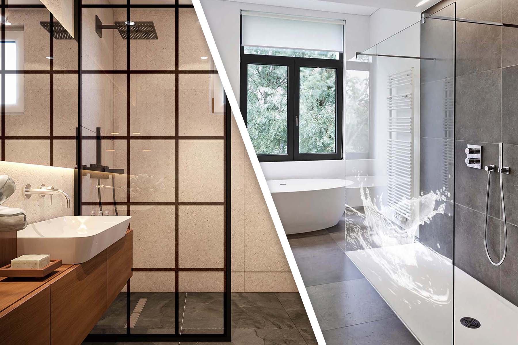  Zwei Walk-in-Duschen mit individuellen Motiven auf dem Glas 