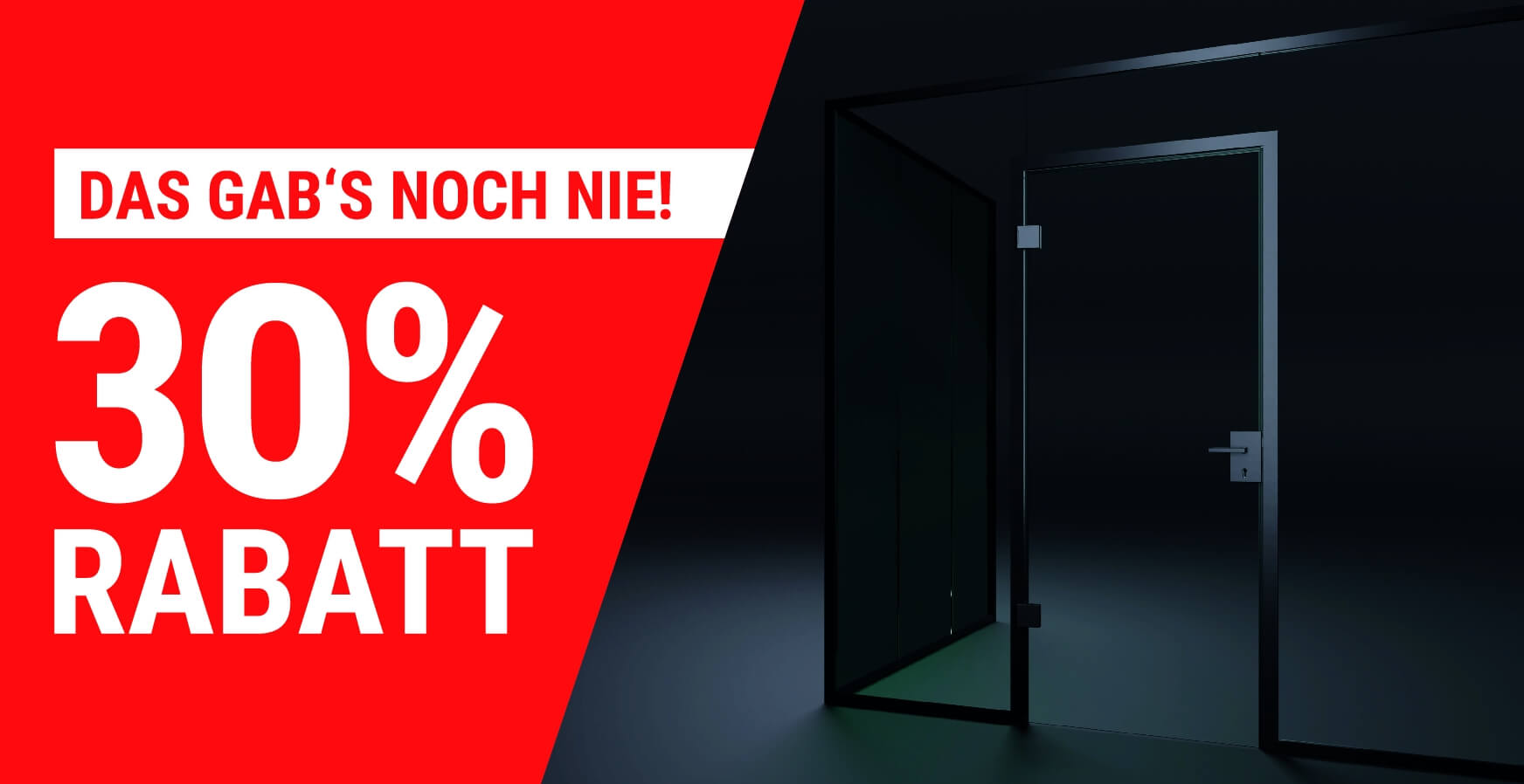 Glastrennwand mit Drehtür und schwarzen Beschlägen
