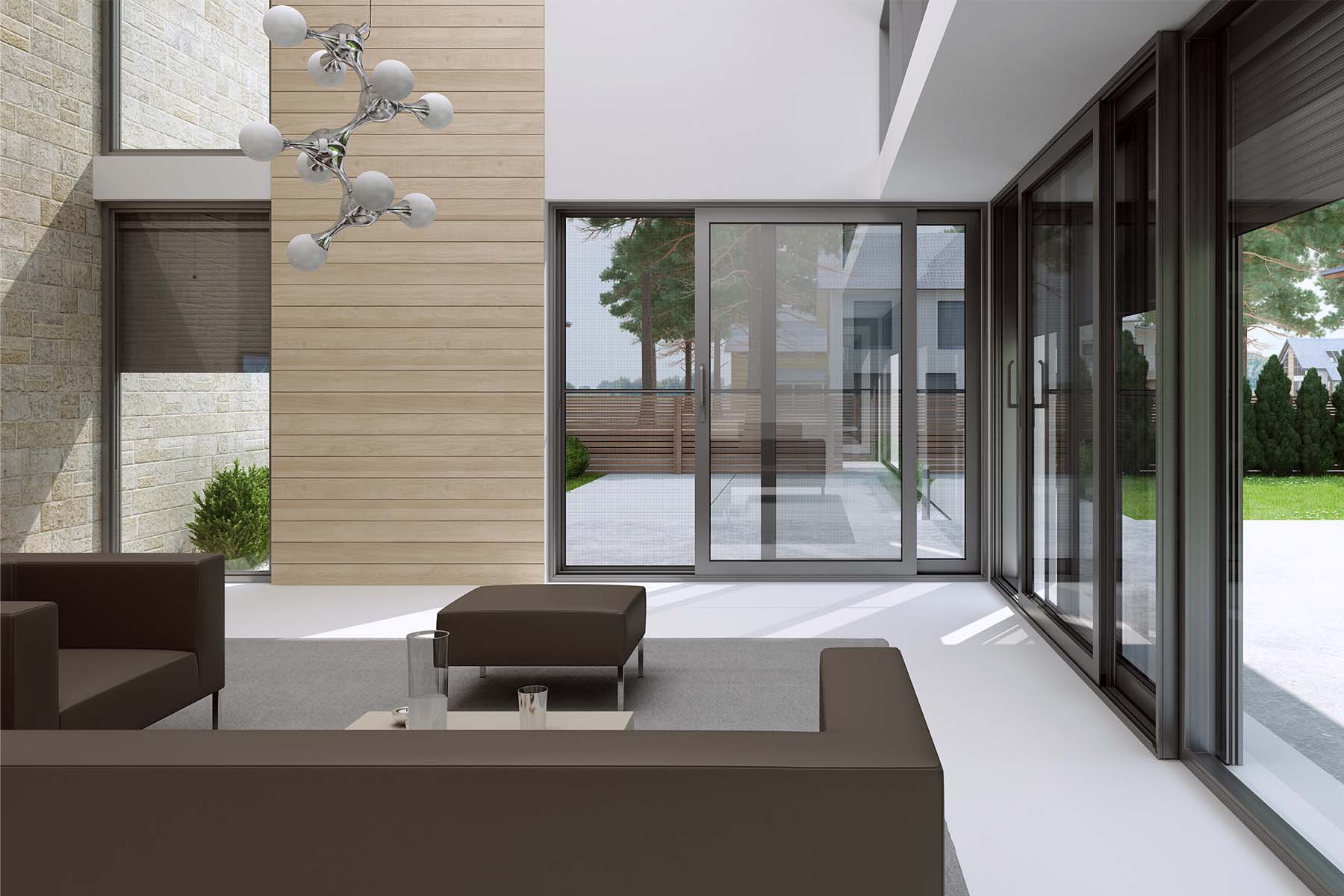 Modernes Wohnzimmer mit großer Terrassenschiebentür und Insektenschutz-Schieberahmen