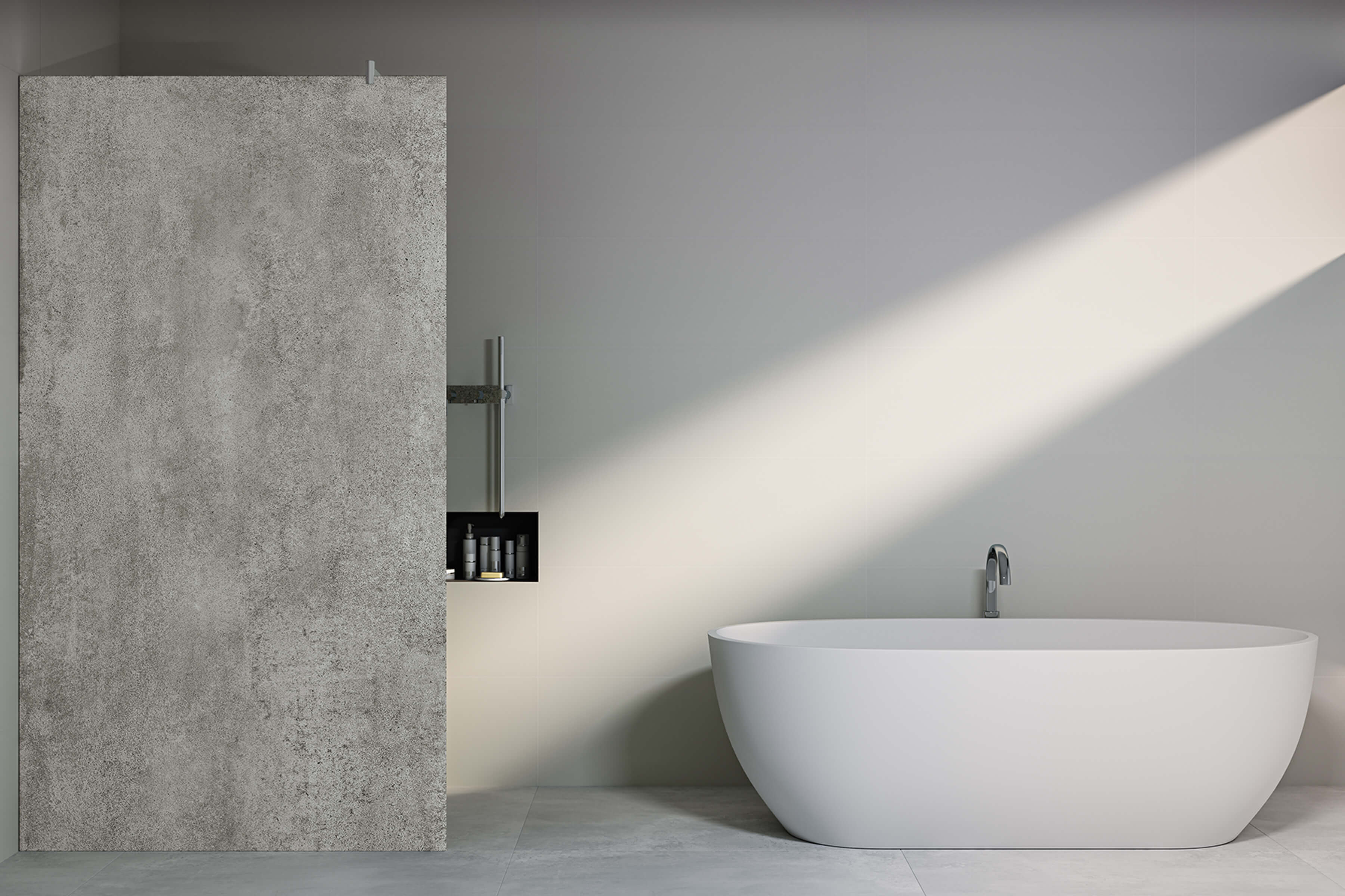 Modernes, minimalistisches Badezimmer  mit einer hellgrauen KERBON-Duschwandabtrennung