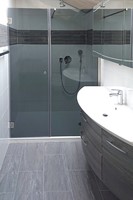 Duschabtrennung Nische mit Tür und Festteil aus dunklem Grauglas