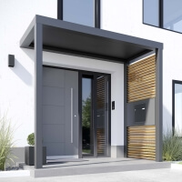 Rechteckiges Vordach aus Aluminium mit Seitenteil in Holz-Optik