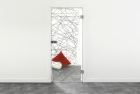 Tür aus Weißglas und schwarzem Muster kombiniert mit Edelstahlbeschlägen
