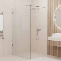 Walk-in Dusche mit großem Element aus Klarglas und zwei Stabilisierungsstangen aus Edelstahl