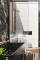 Walk-in-Duschwand mit Wassertropfen-Motiv im Badezimmer im Botanik-Design