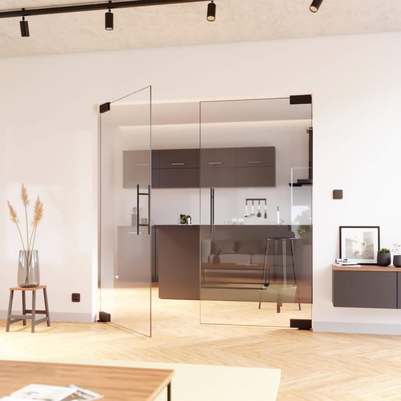 Rahmenlose Pendeltür aus Glas im Loft-Look in matt schwarz