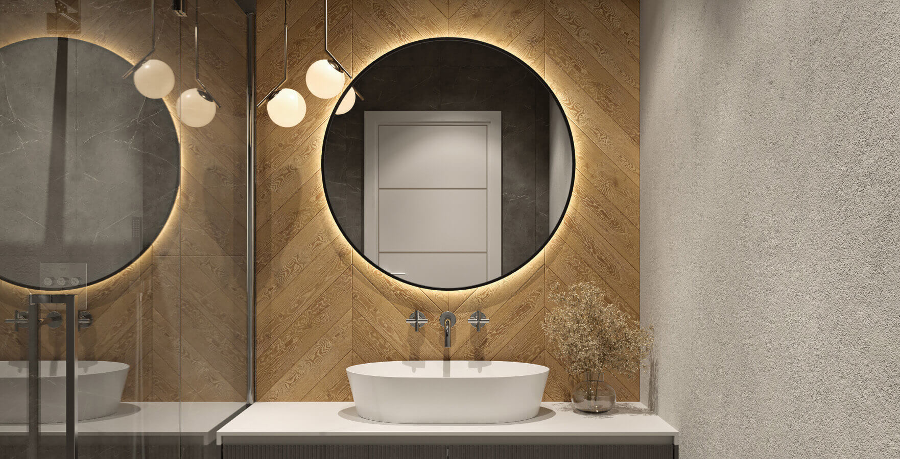 Collage aus LED-Spiegeln über Waschtisch in modernem Bad